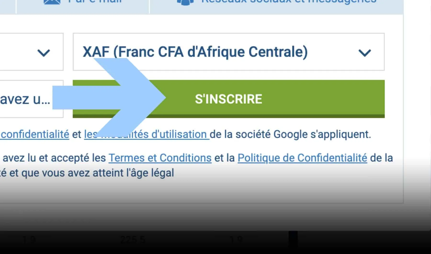 1xBet Cameroun bouton S'inscrire